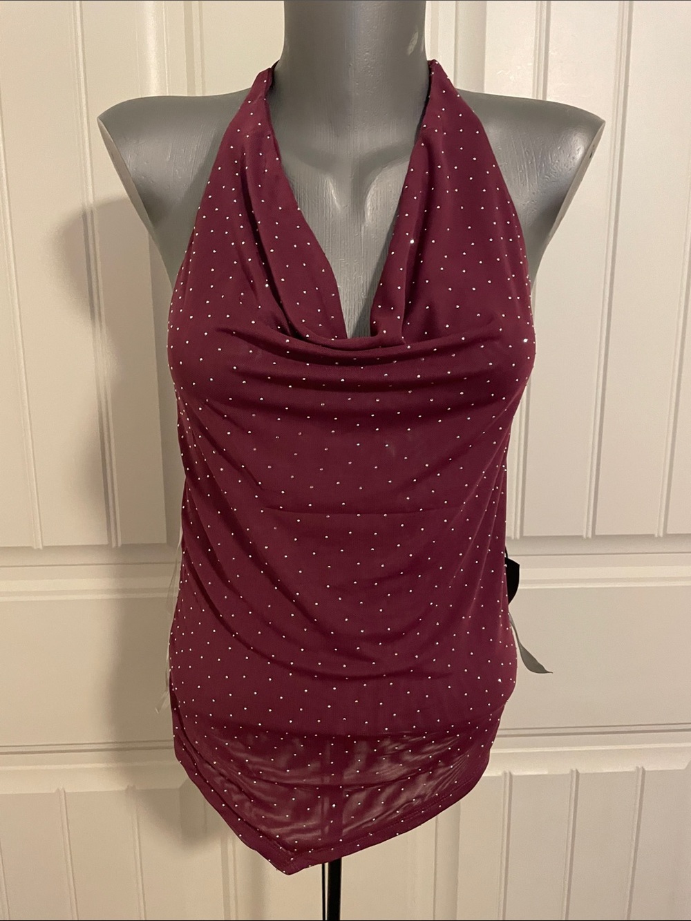 Sans Souci Wine Halter Cowl Camisole with Micro Dot Print